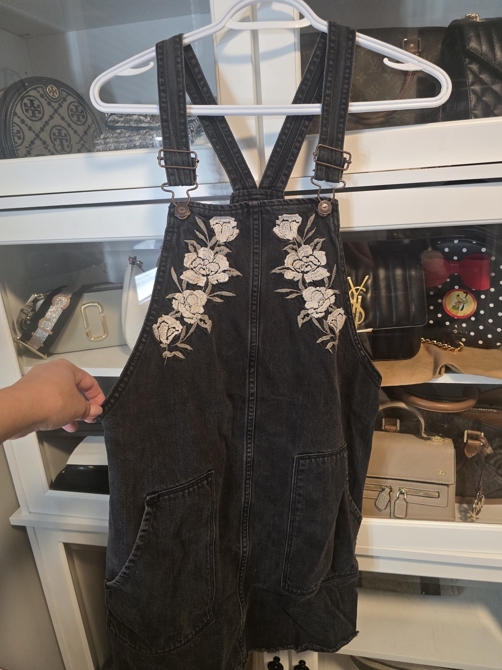 Hollister Black Denim Pinafore Dress with White Floral Embroidery - Picture 4 of 4